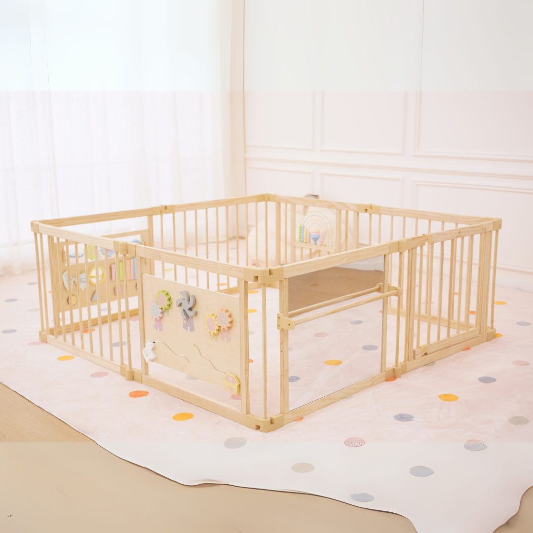 Wooden Baby Playpen with Mirror & Whiteboard Panel