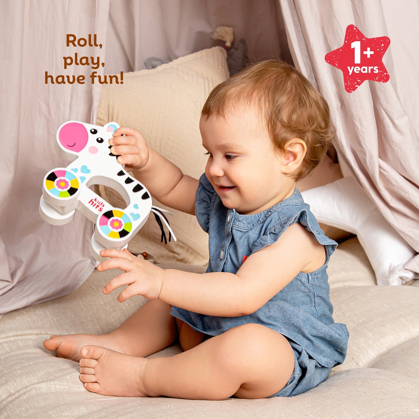 Kids Hits: Colorful Wooden Push & Pull Toy Pull-Along Zebra - A Fun Companion for Toddler Exploration!