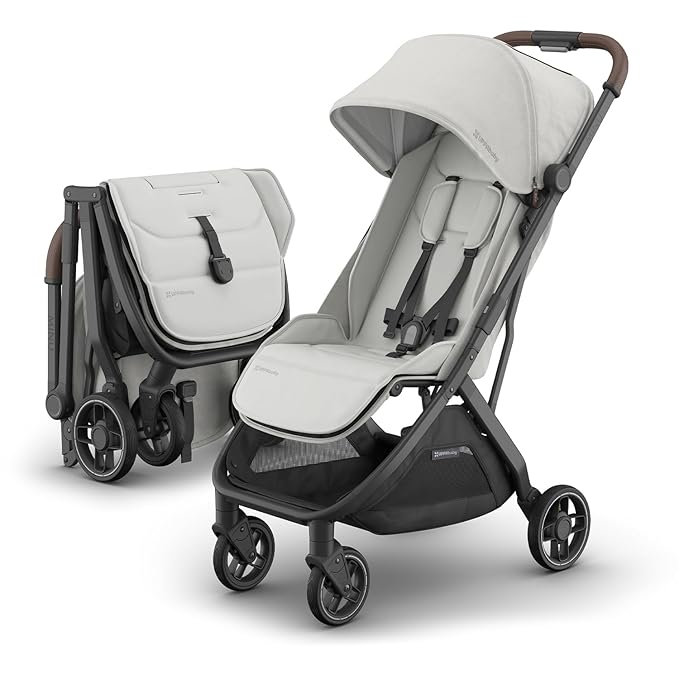 Minu V3 Travel Stroller | Pearl Gray Mélange/Carbon Frame/Chestnut Leather