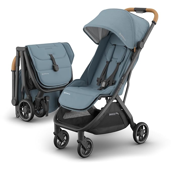 Minu V3 Travel Stroller | Stone Blue/Carbon Frame/Sand Leather