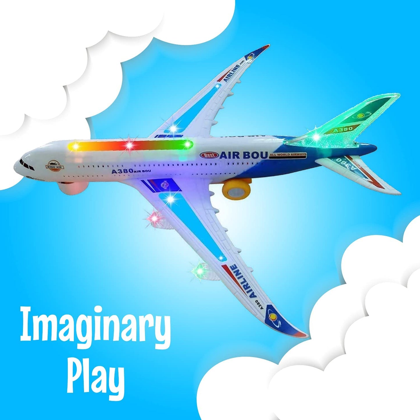 ToyVelt Kids airplane A380 toy plane self driving bump & go Airbus - Contains Beautiful 3D Light and Jet engine - Changes Direction On Contact - For boys & girls age 3 - 8 years old