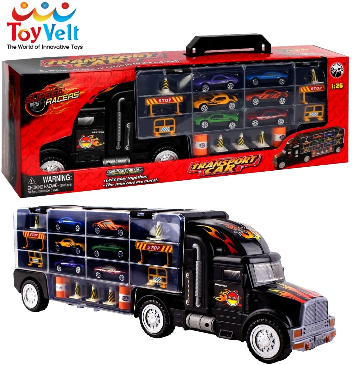 Toy Truck Transport Car Carrier Toy for Boys and Girls age 3 - 10 yrs old - Hauler Truck Includes 6 Toy Cars and Accessories - Car Truck Fits 28 Car Slots - Ideal Gift For Kids