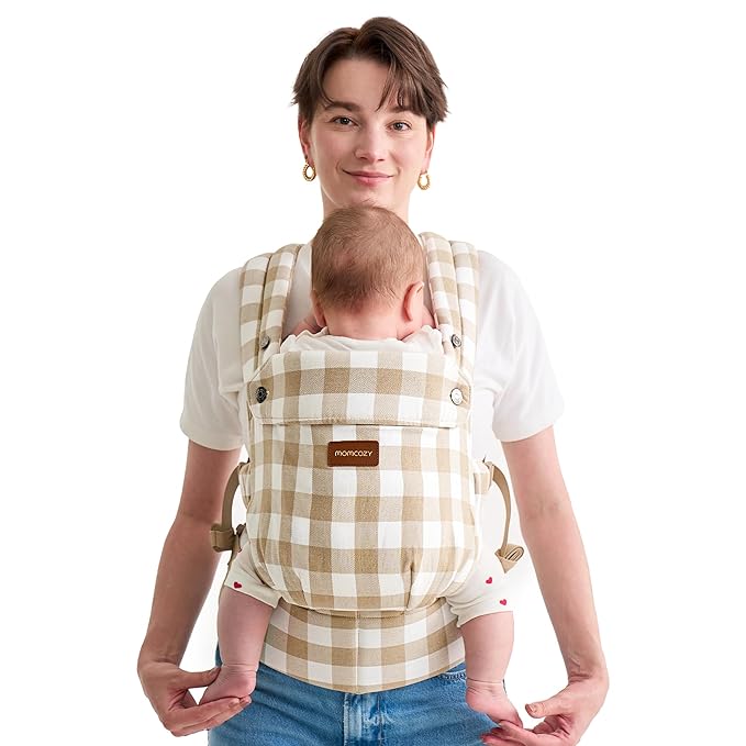 Momcozy Baby Carrier with Natural Cotton Linen Brown Checkerboard