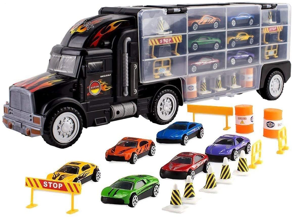 Toy Truck Transport Car Carrier Toy for Boys and Girls age 3 - 10 yrs old - Hauler Truck Includes 6 Toy Cars and Accessories - Car Truck Fits 28 Car Slots - Ideal Gift For Kids