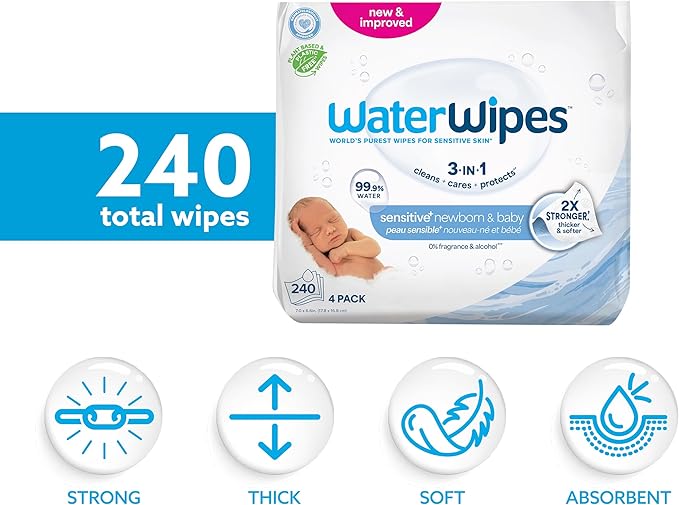 WaterWipes Sensitive+ Newborn & Baby Wipes (4 Packs)
