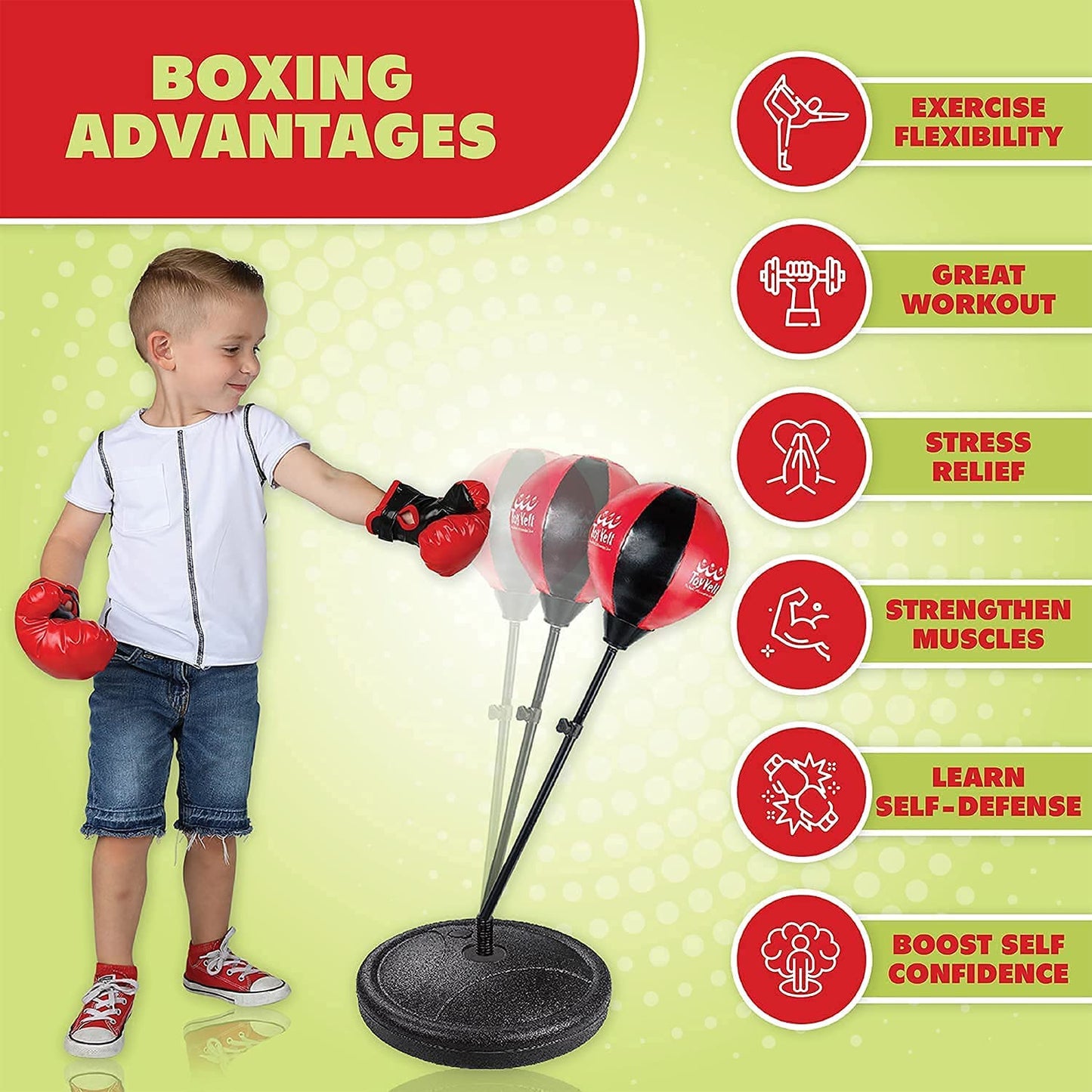 ToyVelt Punching Bag For Kids Boxing Set Includes Kids Boxing Gloves And punching bag, Standing Base With Adjustable Stand + Hand Pump - Top Gifting Idea For Boys and Girls Ages 3 - 8 Years Old