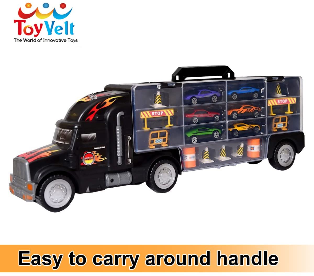 Toy Truck Transport Car Carrier Toy for Boys and Girls age 3 - 10 yrs old - Hauler Truck Includes 6 Toy Cars and Accessories - Car Truck Fits 28 Car Slots - Ideal Gift For Kids