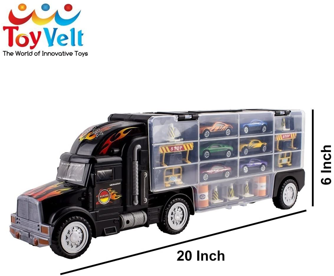 Toy Truck Transport Car Carrier Toy for Boys and Girls age 3 - 10 yrs old - Hauler Truck Includes 6 Toy Cars and Accessories - Car Truck Fits 28 Car Slots - Ideal Gift For Kids