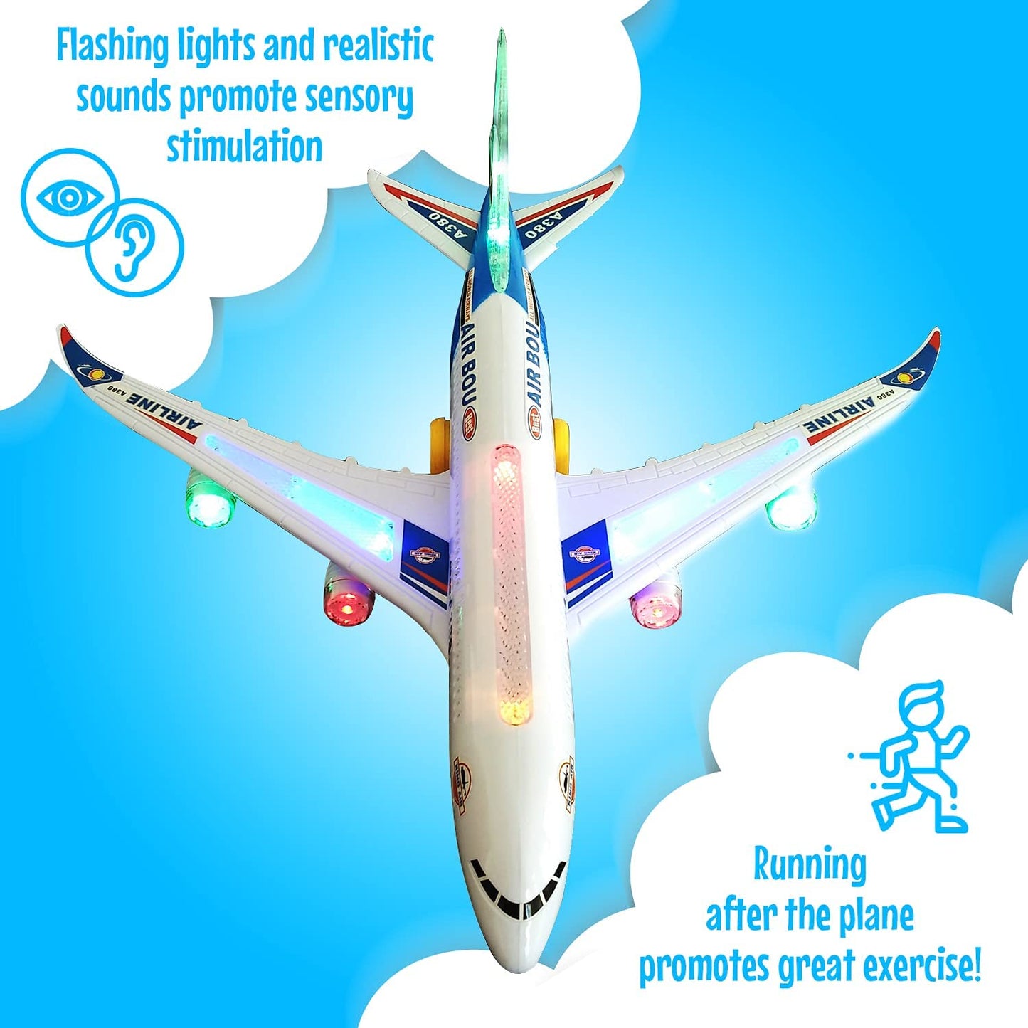 ToyVelt Kids airplane A380 toy plane self driving bump & go Airbus - Contains Beautiful 3D Light and Jet engine - Changes Direction On Contact - For boys & girls age 3 - 8 years old