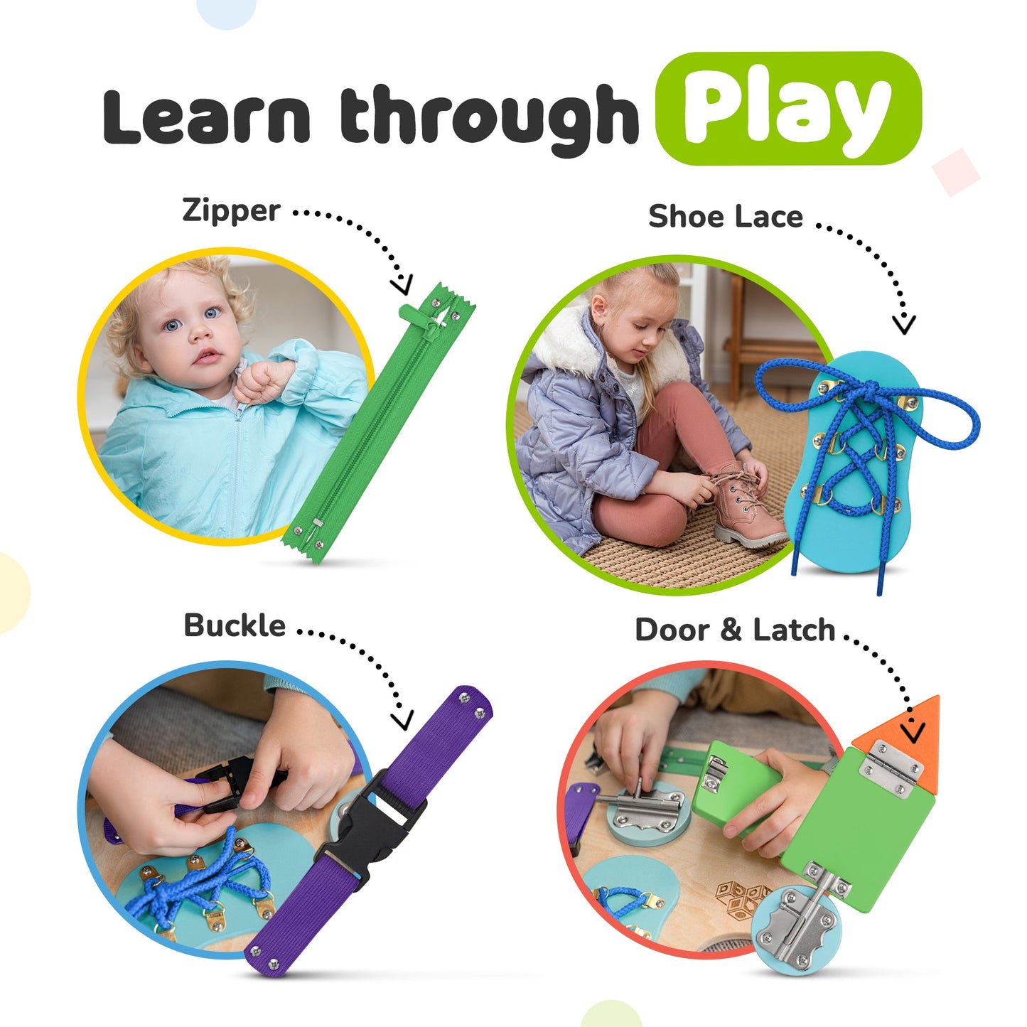 Busy Board for Toddlers 2-3 Years - Wooden  Sensory  Toys - Travel Toy with Fine Motor Skills Activities Buckle Toy (Color)