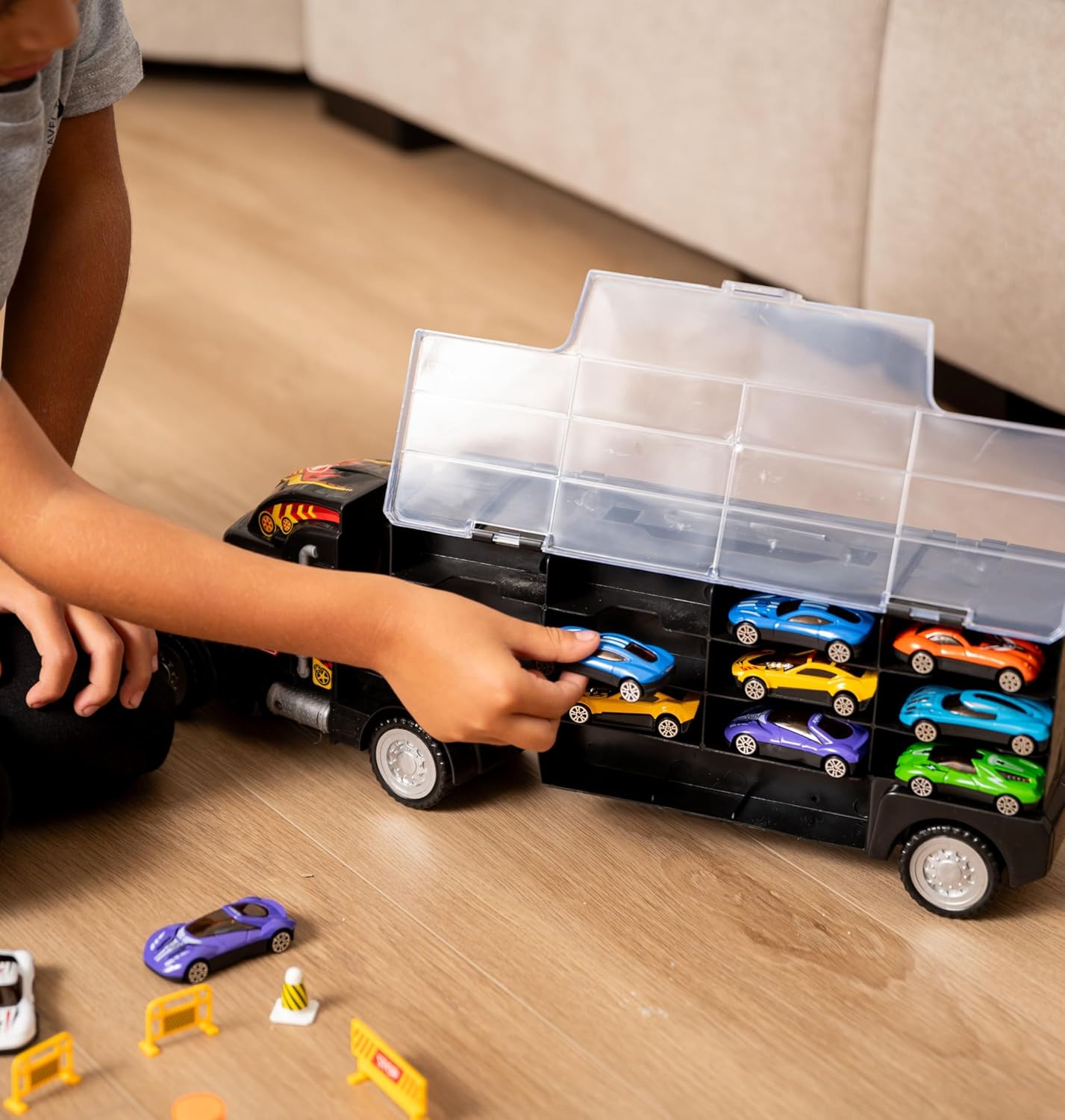 Toy Truck Transport Car Carrier Toy for Boys and Girls age 3 - 10 yrs old - Hauler Truck Includes 6 Toy Cars and Accessories - Car Truck Fits 28 Car Slots - Ideal Gift For Kids