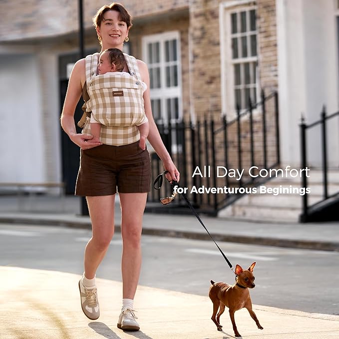 Momcozy Baby Carrier with Natural Cotton Linen Brown Checkerboard