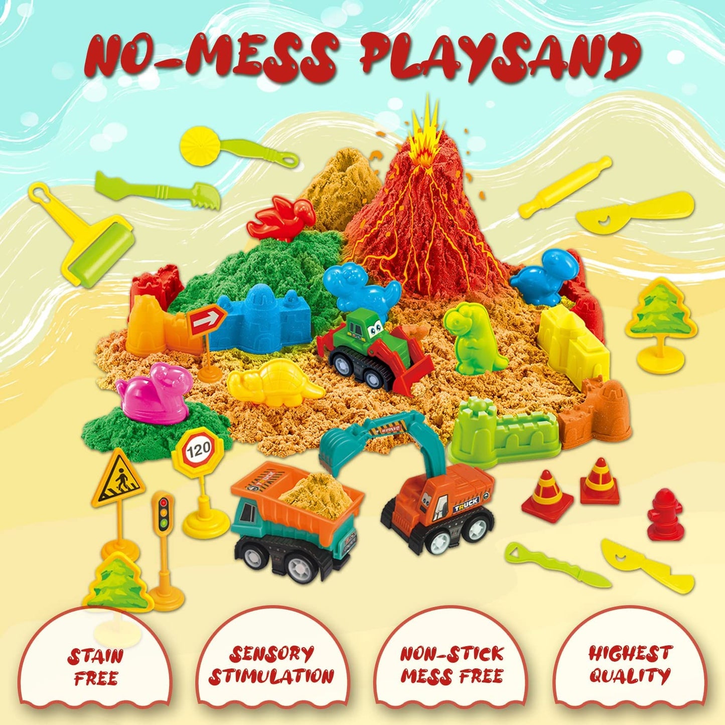 Toyvelt Sand Toys for Toddlers - Dinosaur Play Sand Kit Includes, 3 Lbs Sand, 3 Trucks, Dinosaur Sand Molds, Tray, Modeling Tools and Accessories for Boys and Girls Ages 3 - 10 Years Old