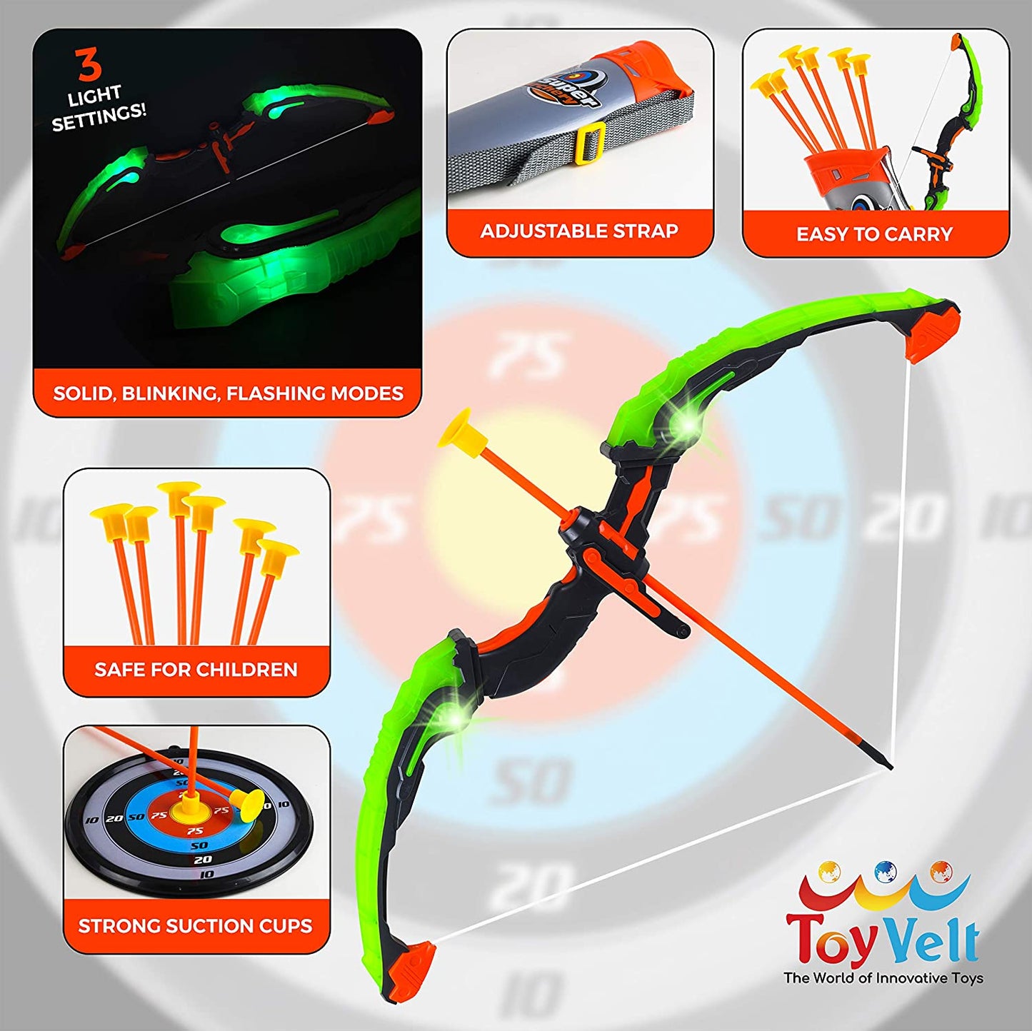 Toyvelt Bow and Arrow Set for Kids -Light Up Archery Toy Set -Includes 6 Suction Cup Arrows, Target & Quiver - for Boys & Girls Ages 3 -12 Years Old (Green)