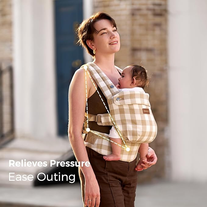 Momcozy Baby Carrier with Natural Cotton Linen Brown Checkerboard