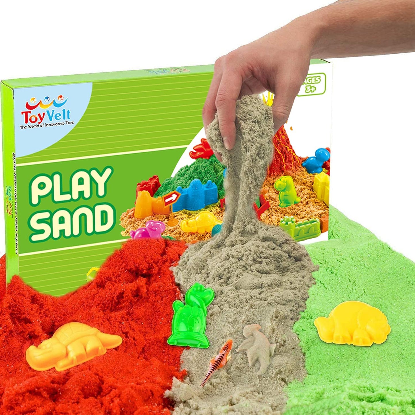 Toyvelt Sand Toys for Toddlers - Dinosaur Play Sand Kit Includes, 3 Lbs Sand, 3 Trucks, Dinosaur Sand Molds, Tray, Modeling Tools and Accessories for Boys and Girls Ages 3 - 10 Years Old