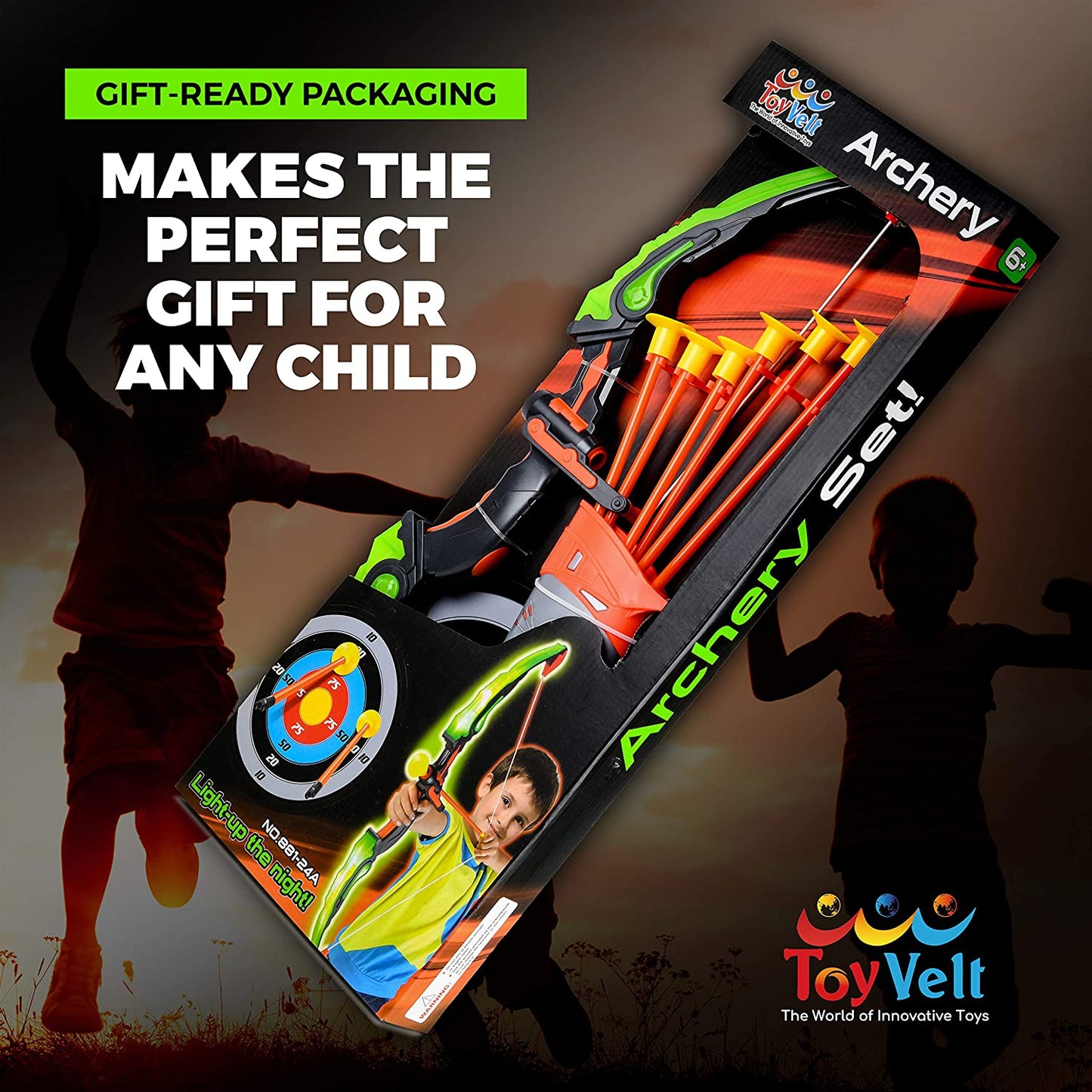 Toyvelt Bow and Arrow Set for Kids -Light Up Archery Toy Set -Includes 6 Suction Cup Arrows, Target & Quiver - for Boys & Girls Ages 3 -12 Years Old (Green)