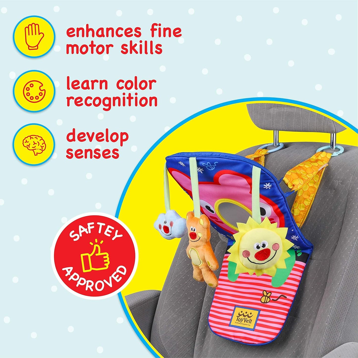 ToyVelt Car Seat Toys for Babies 0-6 Months - Baby Activity Center Baby Car Toy Super Soft, Safe with Music - Great Baby Car Accessories and Baby Trav