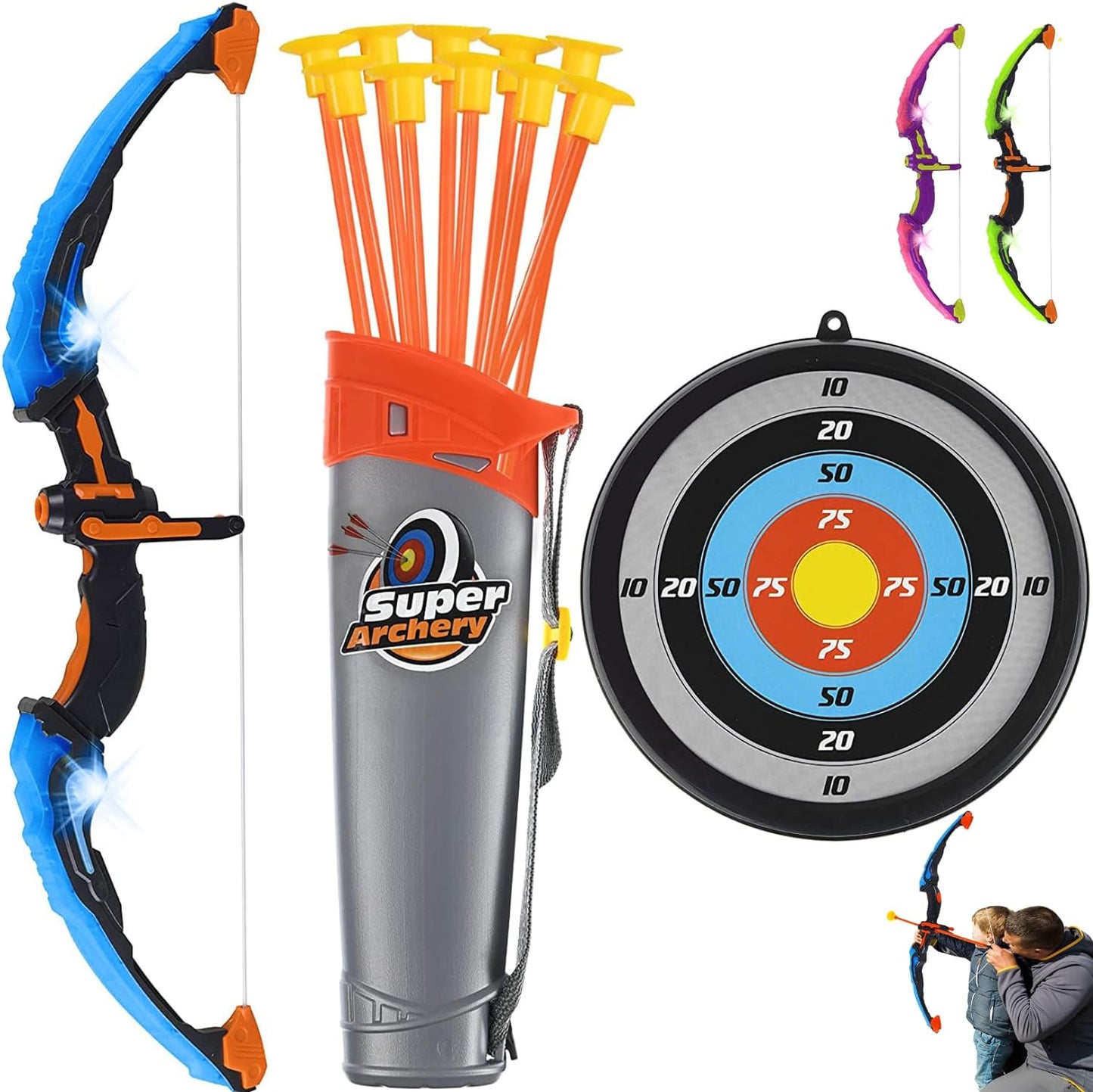 Toyvelt Bow and Arrow Set for Kids -Light Up Archery Toy Set -Includes 6 Suction Cup Arrows, Target & Quiver - for Boys & Girls Ages 3 -12 Years Old (Green)