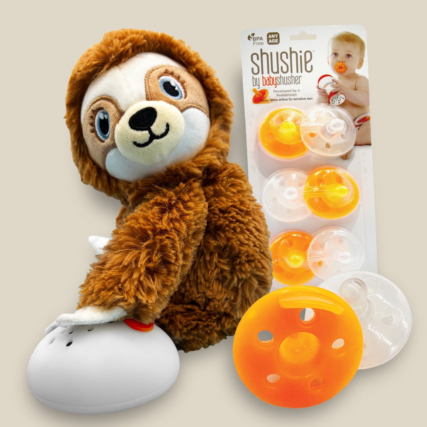 Shusher Sloth + 6-Pack Shushie™ Pacifiers
