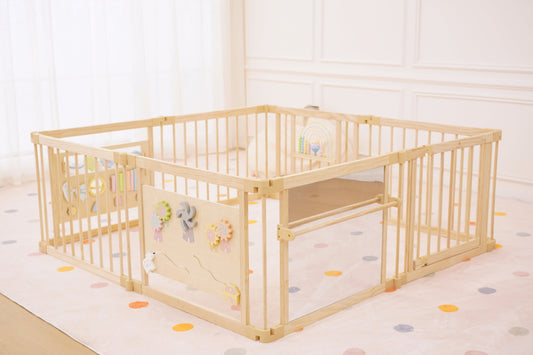 Wooden Baby Playpen with Mirror & Whiteboard Panel