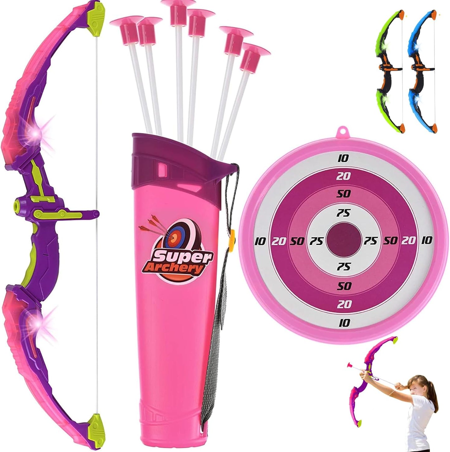 Toyvelt Bow and Arrow Set for Kids -Light Up Archery Toy Set -Includes 6 Suction Cup Arrows, Target & Quiver - for Boys & Girls Ages 3 -12 Years Old (Green)