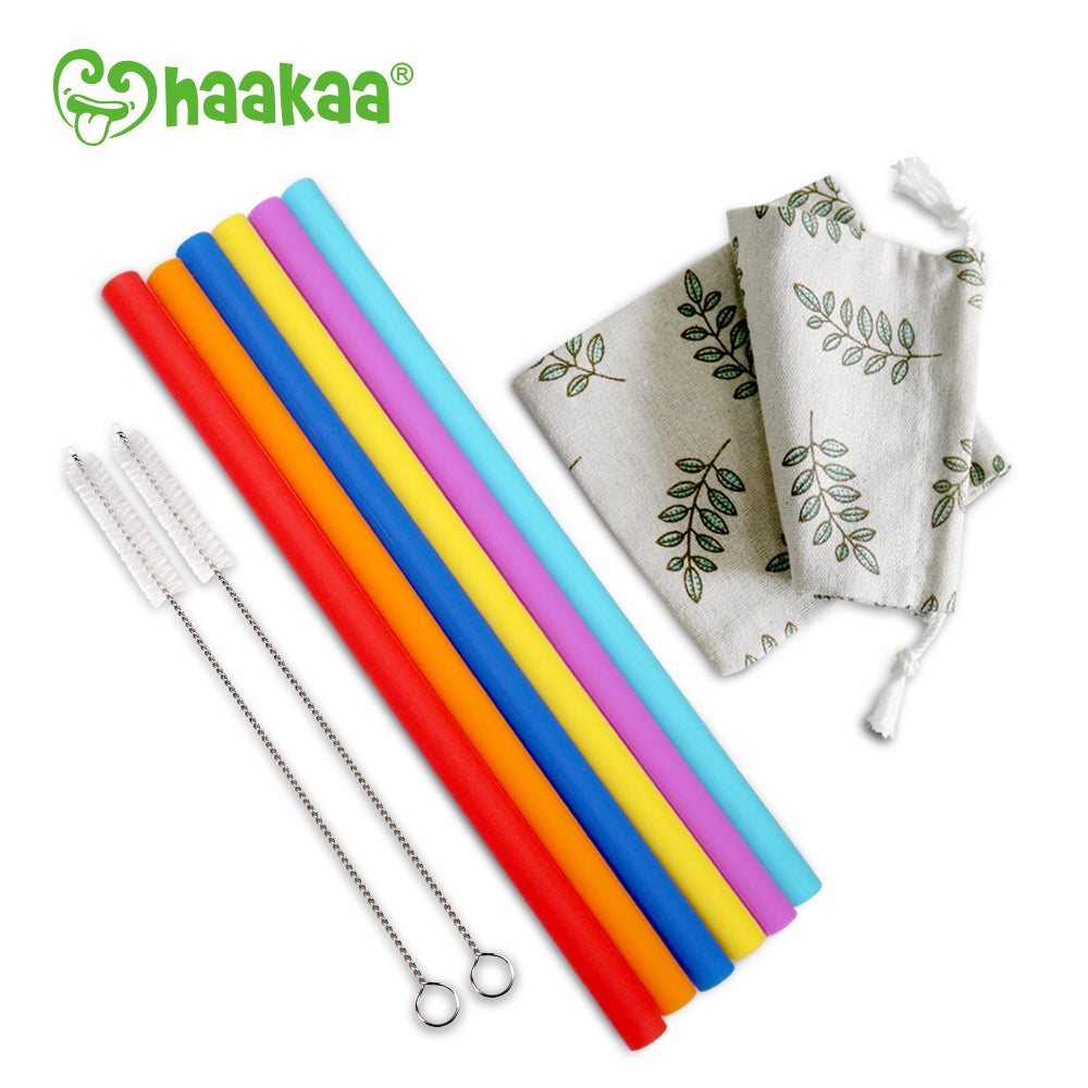 Haakaa Straight Silicone Straws with Cleaning Brushs, 6 pk