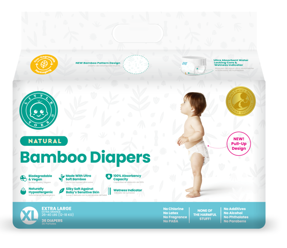 Little Toes Disposable Natural Bamboo Diapers and Pull-Ups | Go Green | 36 Pack