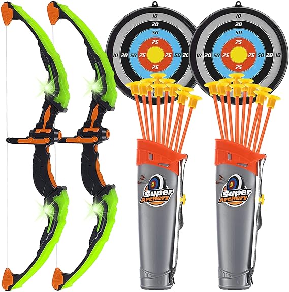 Toyvelt Bow and Arrow Set for Kids -Light Up Archery Toy Set -Includes 6 Suction Cup Arrows, Target & Quiver - for Boys & Girls Ages 3 -12 Years Old (Green)